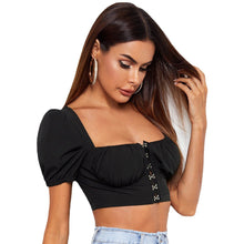 Load image into Gallery viewer, Women&#39;s Bottoming Tube Top Bubble Sleeve Square Collar Hook Design Navel Short T-shirt Top
