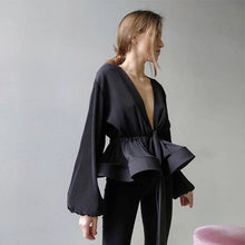 Load image into Gallery viewer, Women&#39;s Chic Sexy Dark V Neck Blouse Spring Summer Lantern Sleeve Shirring Ladies Tops Fashion Solid Color Slim Female Blouses