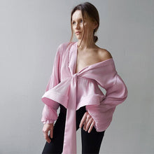 Load image into Gallery viewer, Women&#39;s Chic Sexy Dark V Neck Blouse Spring Summer Lantern Sleeve Shirring Ladies Tops Fashion Solid Color Slim Female Blouses