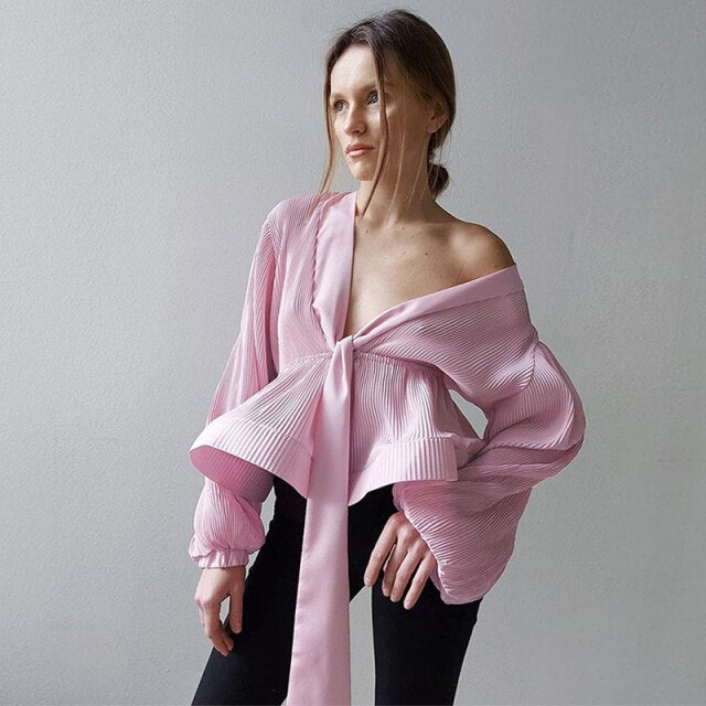 Women's Chic Sexy Dark V Neck Blouse Spring Summer Lantern Sleeve Shirring Ladies Tops Fashion Solid Color Slim Female Blouses