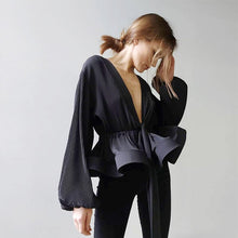 Load image into Gallery viewer, Women&#39;s Chic Sexy Dark V Neck Blouse Spring Summer Lantern Sleeve Shirring Ladies Tops Fashion Solid Color Slim Female Blouses