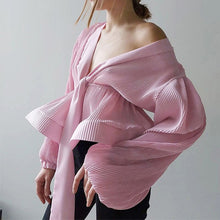 Load image into Gallery viewer, Women&#39;s Chic Sexy Dark V Neck Blouse Spring Summer Lantern Sleeve Shirring Ladies Tops Fashion Solid Color Slim Female Blouses