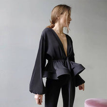Load image into Gallery viewer, Women&#39;s Chic Sexy Dark V Neck Blouse Spring Summer Lantern Sleeve Shirring Ladies Tops Fashion Solid Color Slim Female Blouses