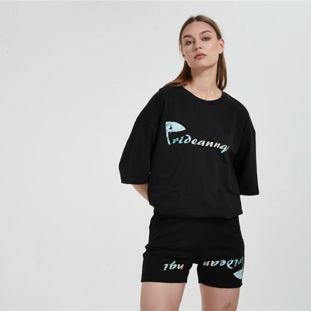 Women's Cotton Large Size Loose Leisure Sports Couple Suit Short Sleeve Pattern Universal Summer round Neck shirts and shorts