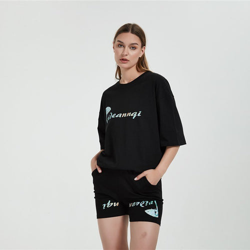 Women's Cotton Large Size Loose Leisure Sports Couple Suit Short Sleeve Pattern Universal Summer round Neck shirts and shorts