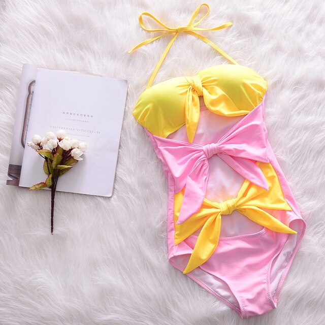 Women's Cut Out One Piece Swimwear Summer Beach Bathing Suit Solid Monokini Bow Front Swimsuit Padded Beachwear With Coves