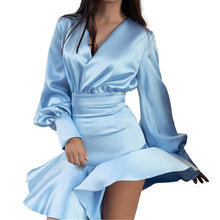 Load image into Gallery viewer, Women&#39;s Dress Autumn Spring New Fashion V-neck Sexy Temperament Slim Flared Sleeve Ruffled Satin Dress Solid Color Party Dresses