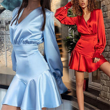 Load image into Gallery viewer, Women&#39;s Dress Autumn Spring New Fashion V-neck Sexy Temperament Slim Flared Sleeve Ruffled Satin Dress Solid Color Party Dresses