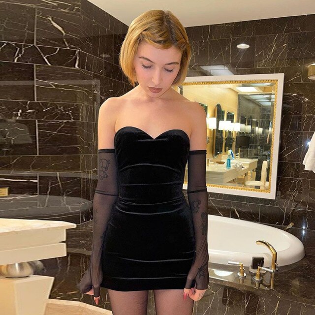 Women's Dress Fashion Sexy Knitted Sleeves Birthday Party Beach Black Strapless Dress Women's Removable Female Evening Vestidos