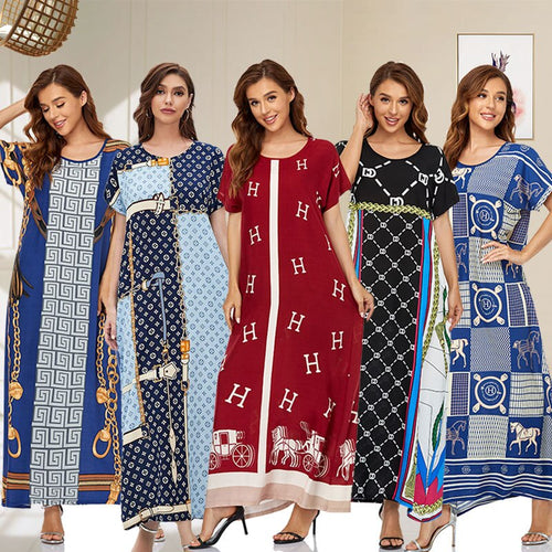Women's Dress Muslim Woman Kimono Short-sleeved Long Dress Dubai Plus Size Loose  Printing Elegant Temperament Robe Abayas