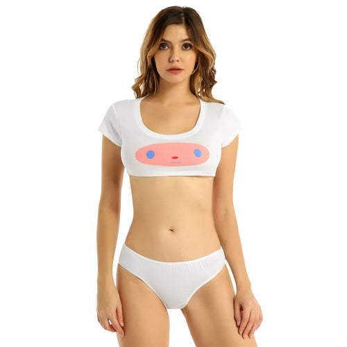 Women's Erotic Bra Set Sexy Crop Top  with Briefs Panties Cartoon Printed Lingerie Suit Soft Underwear Sets Two-Piece Sleepwear