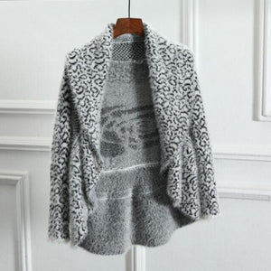 Women's Fashion Leopard Cashmere Sweaters Long Sleeve V Neck Casual Loose Cardigans knitting Thicken Tops