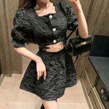 Load image into Gallery viewer, Women&#39;s Fashion Two-Piece Sets Sweet Pink Square Collar Puff Sleeve Sexy Short Crop Top + High Waist A-Line Skirts 2021 Summer