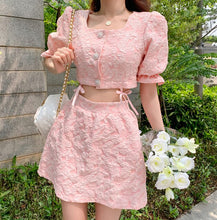 Load image into Gallery viewer, Women&#39;s Fashion Two-Piece Sets Sweet Pink Square Collar Puff Sleeve Sexy Short Crop Top + High Waist A-Line Skirts 2021 Summer
