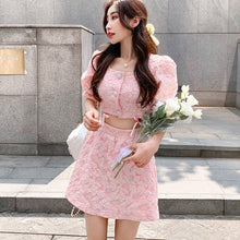 Load image into Gallery viewer, Women&#39;s Fashion Two-Piece Sets Sweet Pink Square Collar Puff Sleeve Sexy Short Crop Top + High Waist A-Line Skirts 2021 Summer