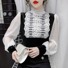 Load image into Gallery viewer, Women&#39;s Gold Velvet Stitching Lace Bottoming Shirt New 2021 Spring Long Sleeve Chiffon Blouse Elegant Vintage Blusas Tops