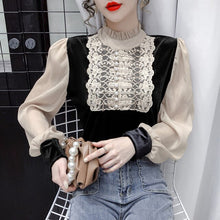 Load image into Gallery viewer, Women&#39;s Gold Velvet Stitching Lace Bottoming Shirt New 2021 Spring Long Sleeve Chiffon Blouse Elegant Vintage Blusas Tops