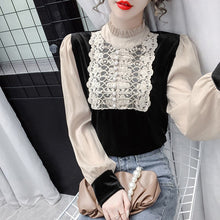 Load image into Gallery viewer, Women&#39;s Gold Velvet Stitching Lace Bottoming Shirt New 2021 Spring Long Sleeve Chiffon Blouse Elegant Vintage Blusas Tops