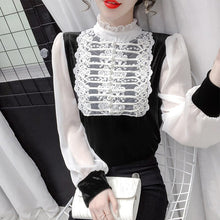 Load image into Gallery viewer, Women&#39;s Gold Velvet Stitching Lace Bottoming Shirt New 2021 Spring Long Sleeve Chiffon Blouse Elegant Vintage Blusas Tops