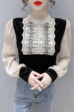 Load image into Gallery viewer, Women&#39;s Gold Velvet Stitching Lace Bottoming Shirt New 2021 Spring Long Sleeve Chiffon Blouse Elegant Vintage Blusas Tops