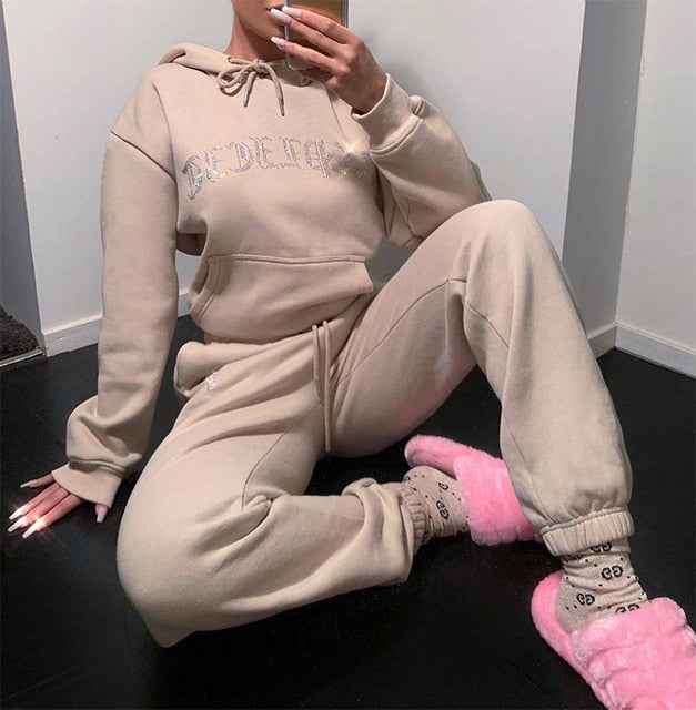 Women's High Waist Two Piece Set Winter Velvet Hoodies 2021 Autumn Jogging Sport Loose Thick Sweatpants y2k Tracksuit Femme