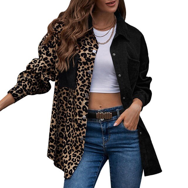 Women's Jacket Chic Splicing Jackets Leopard Print Turn-down Collar Single-breasted Pocket Casual Tops Femme Autumn Streetwear