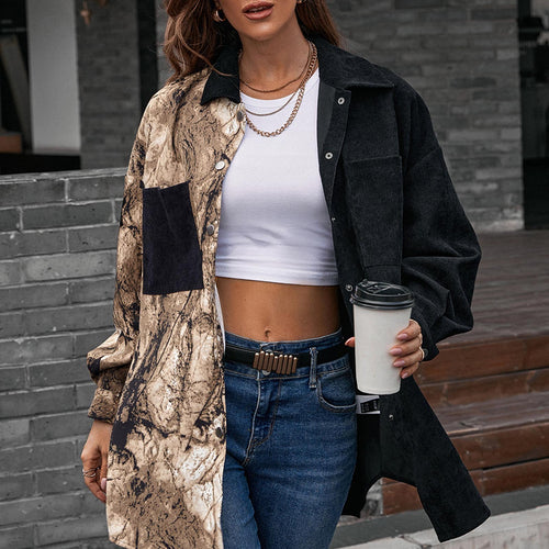 Women's Jacket Chic Splicing Jackets Leopard Print Turn-down Collar Single-breasted Pocket Casual Tops Femme Autumn Streetwear