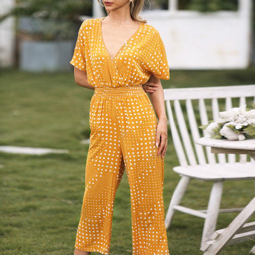 Women's Jumpsuits Summer Fashion Polka Dot Wide Legs Rompers Half Sleeve High Waist Overalls Casual Holiday Jumpsuits Mujer