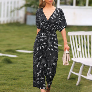 Women's Jumpsuits Summer Fashion Polka Dot Wide Legs Rompers Half Sleeve High Waist Overalls Casual Holiday Jumpsuits Mujer