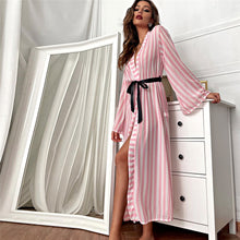 Load image into Gallery viewer, Women&#39;s Kimono Long Gown Pink Stripe Bathrobe Sexy Mesh Sleepwear Vintage Robe Summer Beachwear