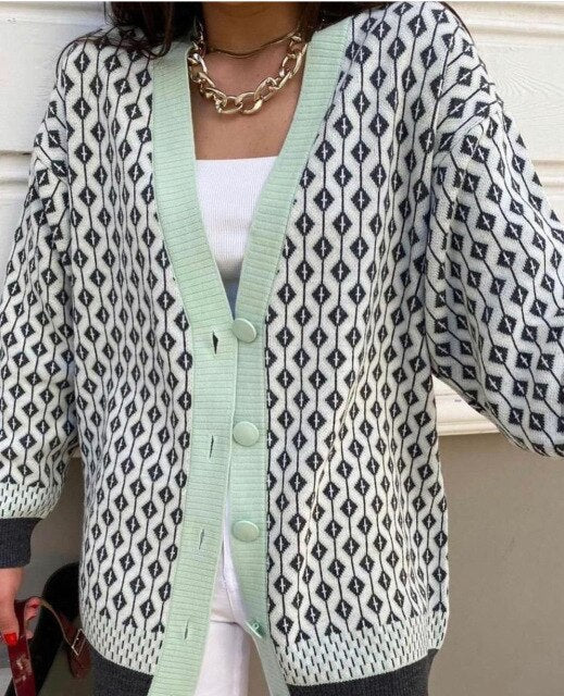 Women's Knitting Sweater Cardigan Color Loose Casual Knitted Sweaters Matching Diamond Lattice Single-Breastedcardigans Women