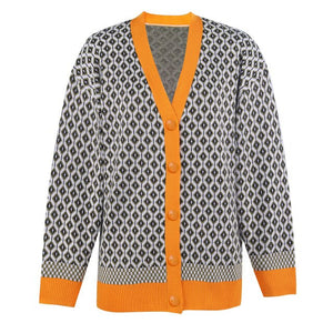 Women&#39;s Knitting Sweater Cardigan Color Loose Casual Knitted Sweaters Matching Diamond Lattice Single-Breastedcardigans Women