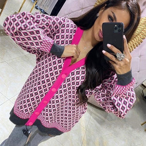 Women&#39;s Knitting Sweater Cardigan Color Loose Casual Knitted Sweaters Matching Diamond Lattice Single-Breastedcardigans Women