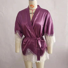 Load image into Gallery viewer, Women&#39;s Lace Belted Bathrobe Satin Kimono Bridesmaids Robe Wedding Party Dressing Gown Sexy Nightdress