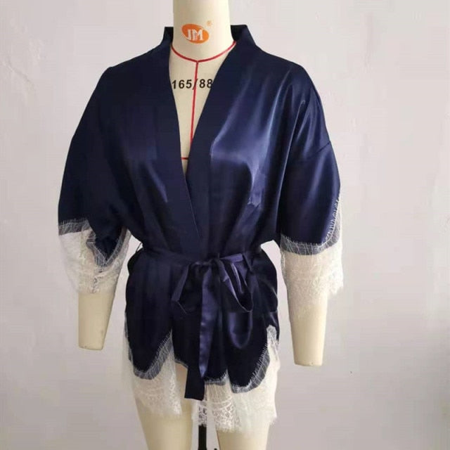 Women's Lace Belted Bathrobe Satin Kimono Bridesmaids Robe Wedding Party Dressing Gown Sexy Nightdress