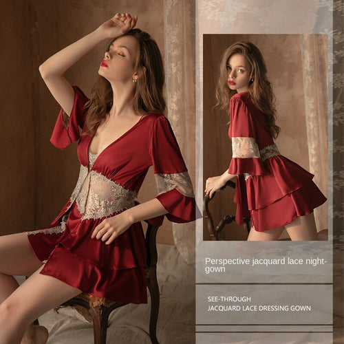 Women's Lace Home Clothes Bathrobes Silk Robe Set Woman 2 Pieces Sexy Skirt Split Nightdress Peignoir Exotic Apparel Nightie