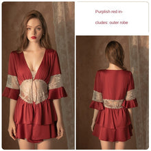 Load image into Gallery viewer, Women&#39;s Lace Home Clothes Bathrobes Silk Robe Set Woman 2 Pieces Sexy Skirt Split Nightdress Peignoir Exotic Apparel Nightie