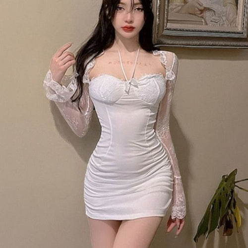 Women's Lace Patchwork Sheer Sleevest Temperament Evening Dress Summer Birthday Club Party Sexy Bodycon White Mini Dress 2023