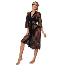 Load image into Gallery viewer, Women Lace Sheer Robe Satin Belted Bathrobe Sexy Wedding Gown Long Sleeve Nightgown Floral Bachelorette Party Nightwear