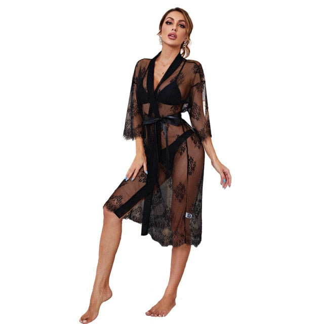 Women Lace Sheer Robe Satin Belted Bathrobe Sexy Wedding Gown Long Sleeve Nightgown Floral Bachelorette Party Nightwear