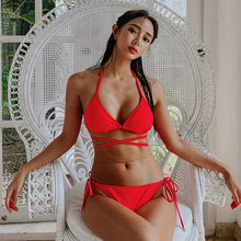 Load image into Gallery viewer, Women&#39;s Lace-up Swimsuit Solid Push Up Swimwear Pad Sexy Bandage Beach Wear Low Waist Trikini Bikinis Halter Two-piece Bathsuit