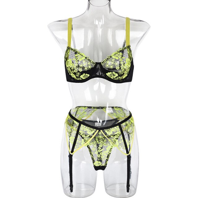 Women's Lingerie Set Sexy Embroidered Lace with Garter Belt Lace Bra & Panty Suit High Waisted Bikinis Beach Clothing Bodysuit