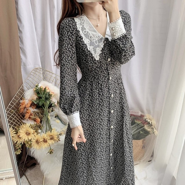 Women's Long Sleeve Floral Chiffon Dress 2021 Spring Lace Turn Down Single Breasted Casual Party Dresses Female Vestidos