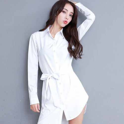 Women's Long-sleeved Mid-length Korean BF Style Sexy Pajamas Irregular Waist Wide Loose Sun Protection Shirt White Button Dress