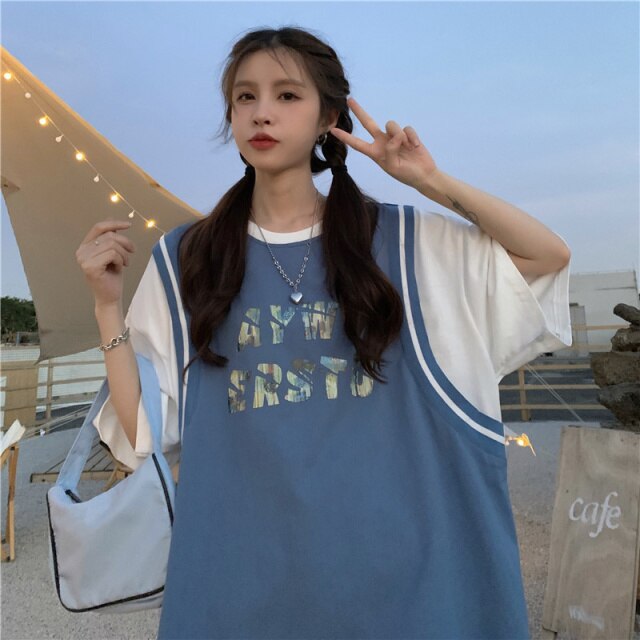 Women's Loose Fake Two Pieces Short-Sleeved T-shirt Harajuku Plus Size Summer Top Aesthetic Korean Clothes Casual Fashion Tshirt