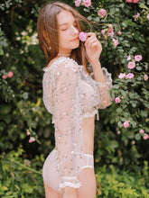 Load image into Gallery viewer, Women&#39;s Pajamas for Women Sexy White Lace Perspective Floral Embroidery Chiffon Tie Short Top Pajamas Sleepwear Pajama