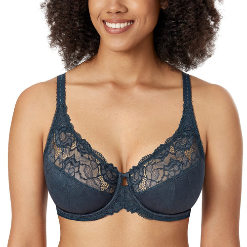 Women's Plus Size Minimizer Lace Bra Full Coverage Jacquard Floral Non Padded Sheer Underwire 34-44 DD E F G H