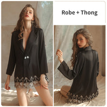 Load image into Gallery viewer, Women`s Robes Sexy Nightgown Thong Set Satin Lace Embroidered Sleepwear Femme Deep V Bathrobe Black Cardigan Suit Nightdress
