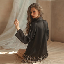 Load image into Gallery viewer, Women`s Robes Sexy Nightgown Thong Set Satin Lace Embroidered Sleepwear Femme Deep V Bathrobe Black Cardigan Suit Nightdress