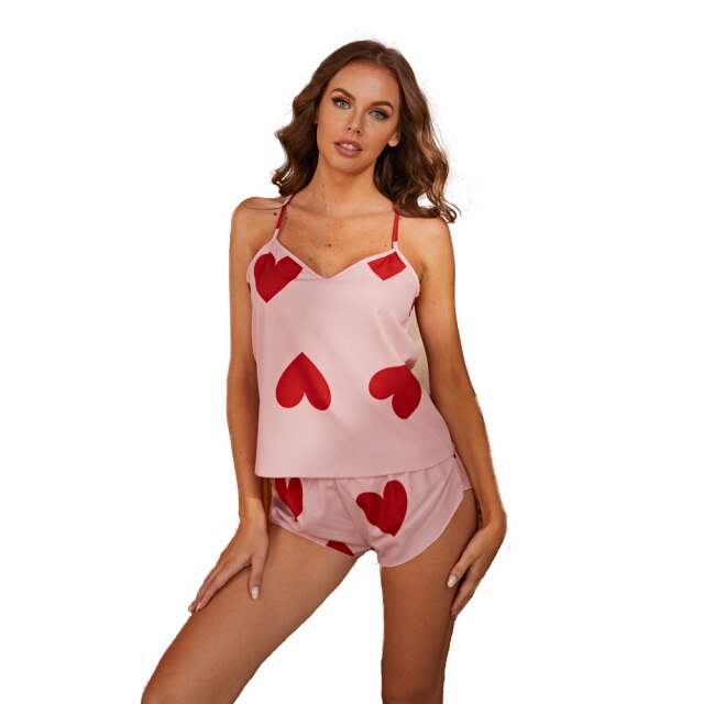 Women's Satin Nightwear Cute Cami Short Love Pajamas Set Comfy Sleepwear Vest and Pants Soft Homedress
